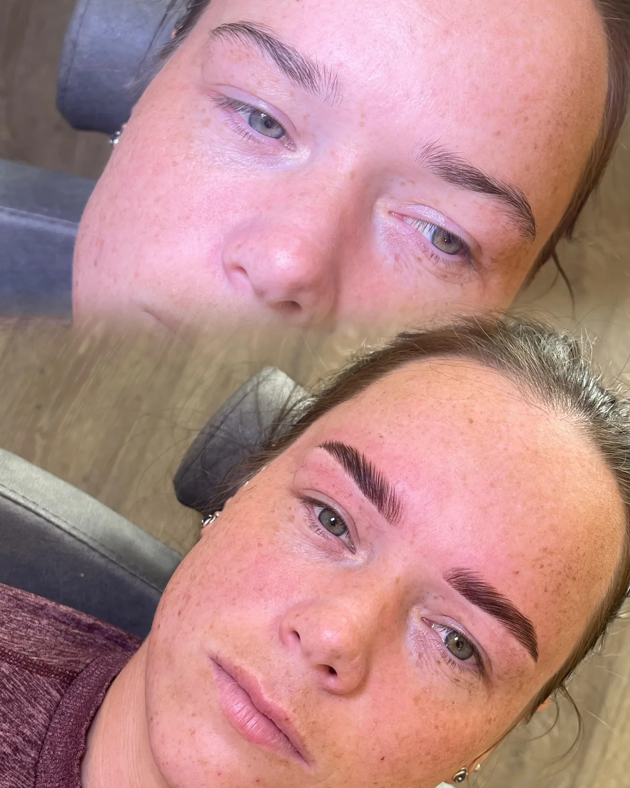 Brows before and after lamination, showing a lifted shape