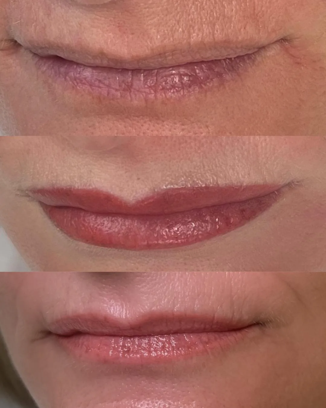 A lip blush treatment shown at three stages: before, fresh on the day, and fully healed