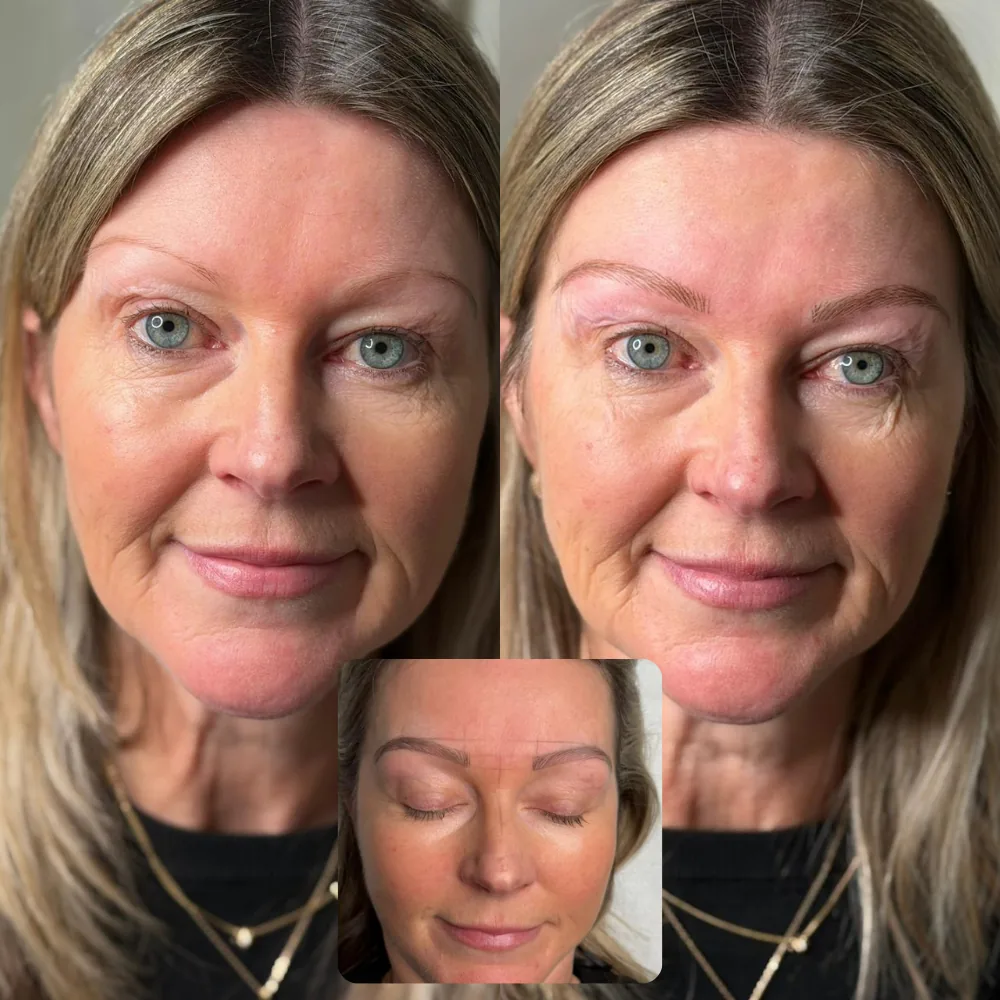 Brows before and after a permanent makeup treatment, showing fuller, more defined shape