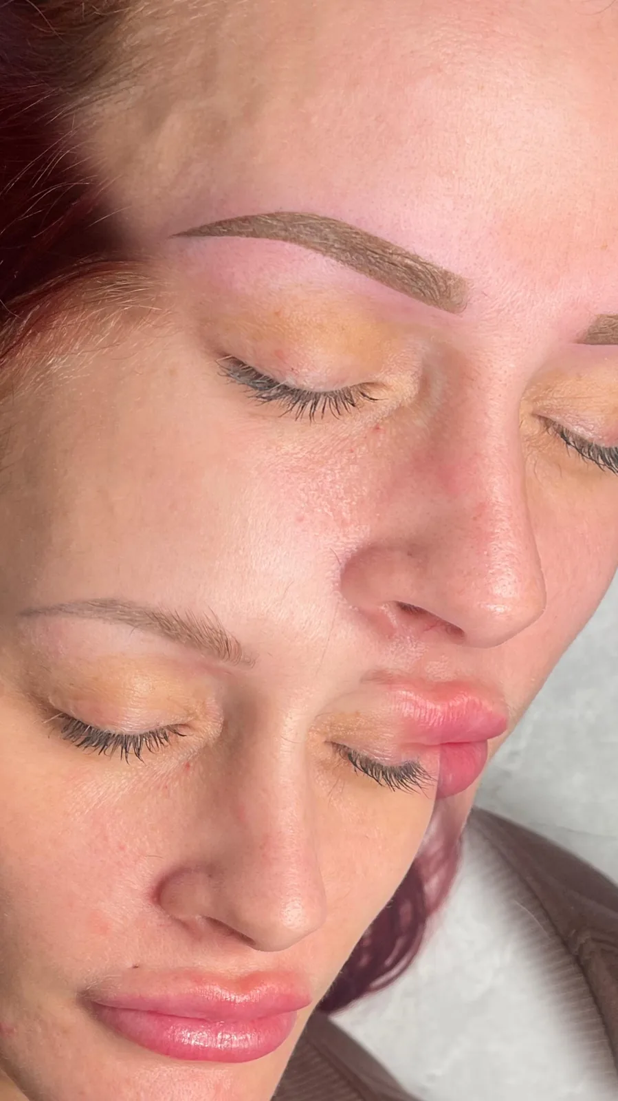Close-up comparison of brows before treatment and immediately after powder brows