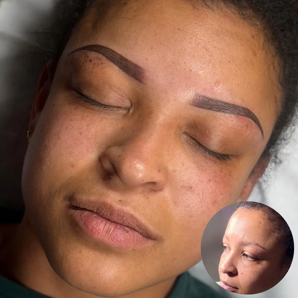Powder brows shown fresh in profile with an inset of the natural brow beforehand